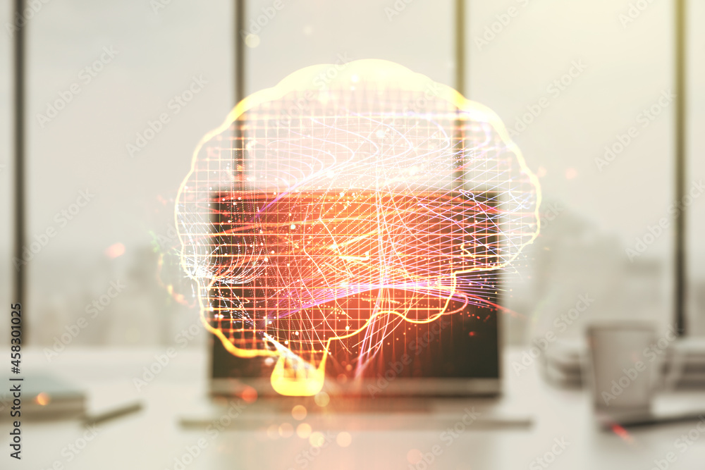 Poster double exposure of creative human brain microcircuit with computer on background. future technology 