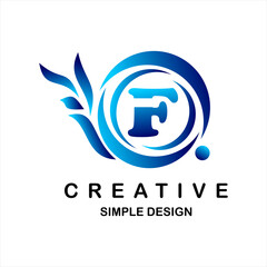 Logo vector letter f. Illustration of circle and dots, blue snail icon shape.