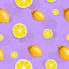 Trendy sunlight pattern made with yellow lemon on bright light purple background. Plasticine 3D illustration. seamless pattern for print
