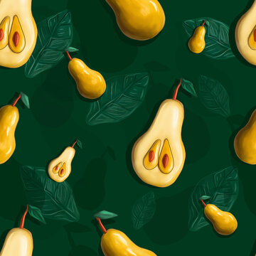 Plasticine dack, green background from pears. View from above. Banner. creative  food concept.  Plasticine 3D illustration, seamless pattern for print
