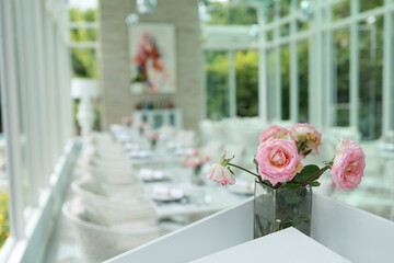 The wedding decor. Tables set for an event party or wedding reception. luxury elegant table setting dinner in a restaurant. glasses and dishes. hall for banquets and weddings.