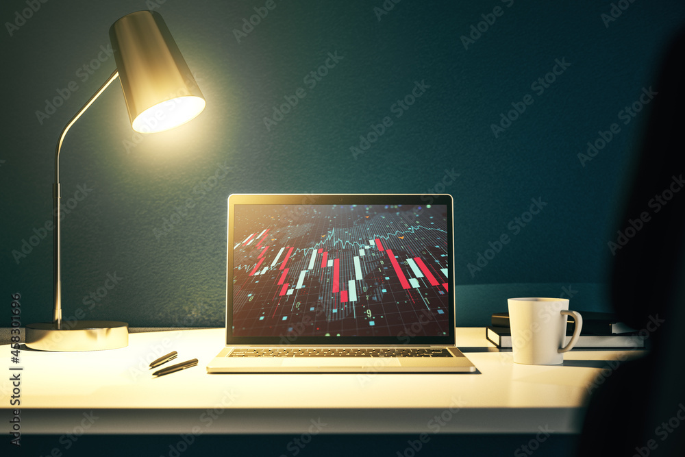 Poster creative abstract economic crisis chart with world map hologram on modern computer monitor, bankrupt
