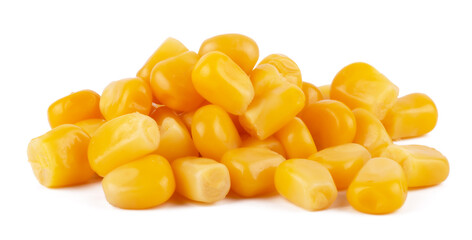 Fototapeta premium Close up of pile of boiled sweet corn seeds isolated on white background