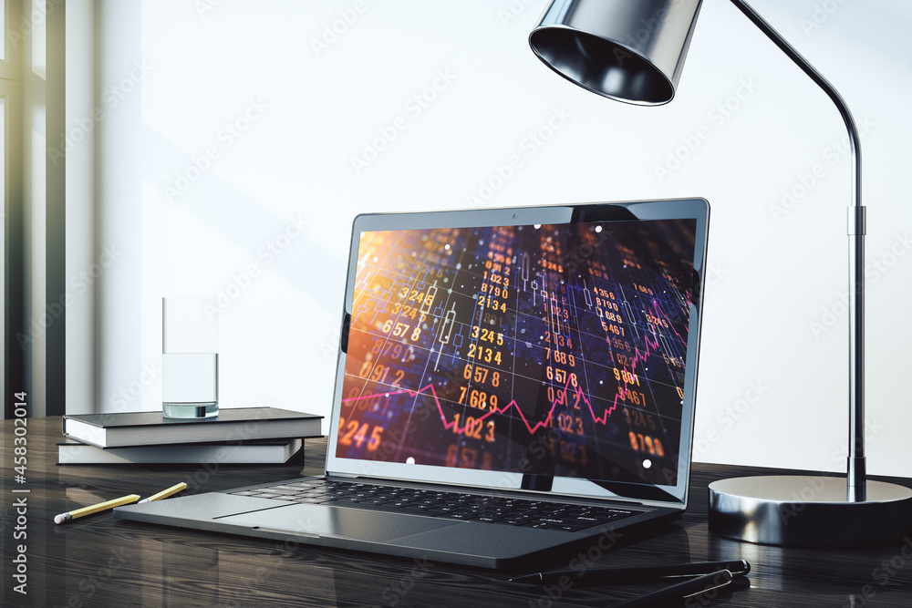 Poster stats data illustration on modern laptop monitor, computing and analytics concept. 3d rendering