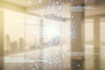 Abstract virtual code skull hologram on modern interior background, cybercrime and hacking concept. Multiexposure