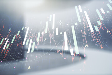 Multi exposure of virtual abstract financial graph interface on modern interior background, financial and trading concept