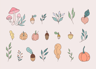 Adorable fall collection of handdrawn doodle illustrations. Seasonal flat style cartoon icons.