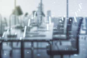 Double exposure of abstract virtual statistics data hologram on modern corporate office background, statistics and analytics concept