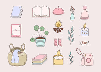 Adorable fall collection of handdrawn doodle illustrations. Seasonal flat style cartoon icons.
