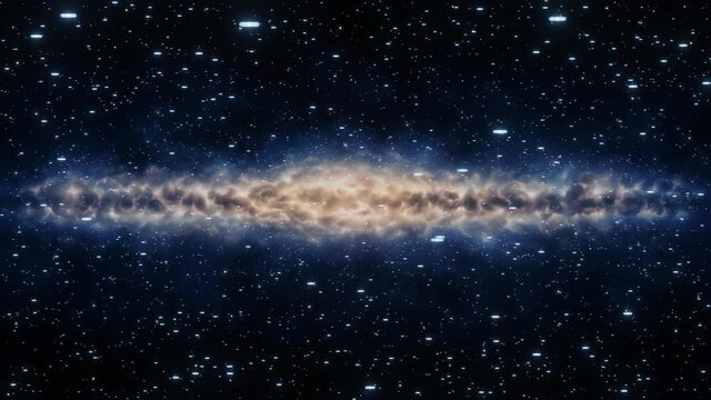 Animation of a stars background moving horizontally over the view of a galaxy in the distance. Traveling through hyperspace. Looping video