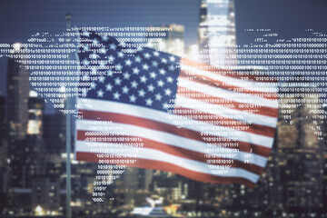 Multi exposure of abstract creative digital world map hologram on USA flag and blurry cityscape background, tourism and traveling concept