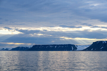 Arctic landscape in summer time. Franz Jozef Land archipelago. Flora cape, Gukera island.