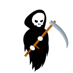 Death in a black hoodie with scythe. Dark character with scythe. Human skeleton and skull. Flat cartoon illustration. Element and Halloween costume