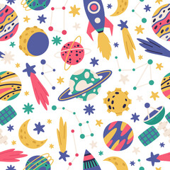 Doodle space cosmic elements. Space bodies, hand drawn planets, spaceship and stars cartoon vector illustration set. Galaxy cosmic symbols