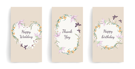 Vector romantic template for social media posts, stories, banners, mobile apps,  internet ads. Stylish Background with wildflowers and butterflies. Ornament for greeting card, cover or invitation