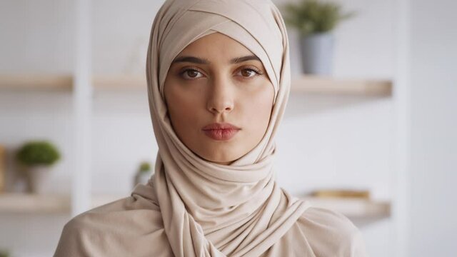 Natural beauty. Young serious muslim woman wearing traditional headscarf looking at camera, posing at home