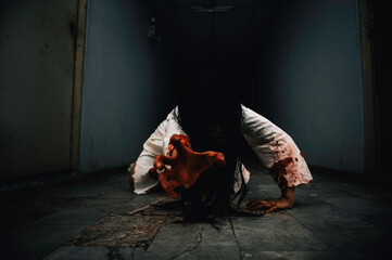 Portrait of asian woman make up ghost,Scary horror scene for background,Halloween festival...