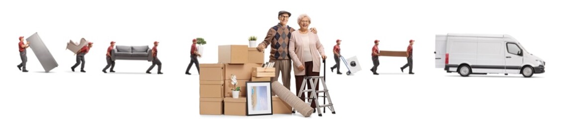 Elderly couple with boxes and workers from a removal company