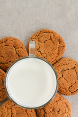 oatmeal cookies with a glass of milk, top view, flat lay, text space. 
