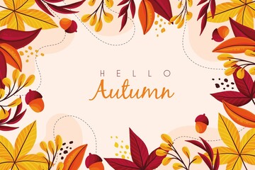 Fototapeta na wymiar hello autumn with leaves hand drawn background vector design illustration