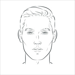 Vector man face. Young handsome male with trendy hairdo has serious expression. Front portrait. Black line realistic vintage illustration.
