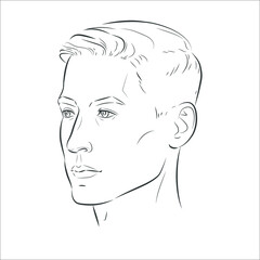 Man face vector. Male portrait of young beautiful boy with trendy hairdo. Three-quarter view. Sketch line illustration.