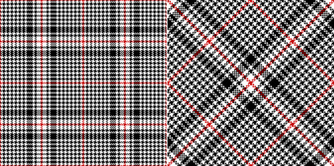 Plaid pattern tweed in black, red, white. Seamless dark grunge glen tartan vector background for jacket, trousers, skirt, other modern spring autumn winter fashion textile design. Herringbone texture.