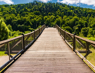 Fototapeta na wymiar Beautiful summer view at the famous Tatzlwurm bridge, one of the longest wooden bridges in europe, near Essing, Altmuehltal, Bavaria, Germany