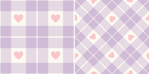 Plaid pattern in pastel lilac purple, pink, white with hearts for Valentines Day. Seamless tartan check for flannel shirt, scarf, blanket, duvet cover, other modern spring summer fabric print.