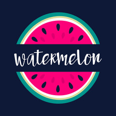 cartoon card with watermelon and text, vector illustration
