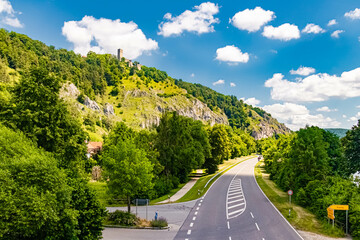 Beautiful summer view at the famous Tatzlwurm bridge, one of the longest wooden bridges in europe, near Essing, Altmuehltal, Bavaria, Germany