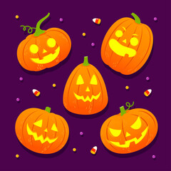 Halloween Pumpkin set vector illustration. Cute variety of pumpkin faces on purple background