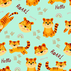 Seamless pattern with cute tiger cubs. Big tabby cat. Endangered animals. Tigers Symbol of 2022. Vector illustration isolated on white background