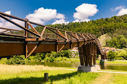 Beautiful summer view at the famous Tatzlwurm bridge, one of the longest wooden bridges in europe, near Essing, Altmuehltal, Bavaria, Germany