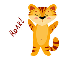 Cute tiger cub Symbol of the new year. Year of the tiger. Ginger tabby kitten. Vector illustration isolated on white background.