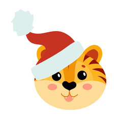 Muzzle of a Cute tiger. Symbol of the new year. Year of the tiger. Tabby kitten in a santa hat. Vector illustration isolated on white background.