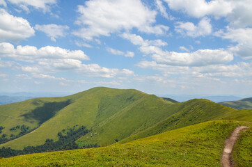 Fototapeta na wymiar Beautiful mountain landscape among mountain hills and meadow covered green lush grass. Borzhava mountain range, Carpathian Mountains, Ukraine