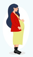 Pregnancy. A modern poster with a fashionable pregnant woman in a stylish lemon dress and a red jacket.