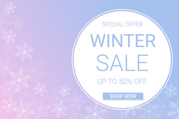 Winter sale horizontal banner template. Discount text on blue and purple gradient background with snowflakes