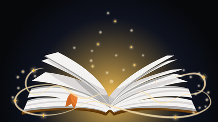 open book with glowing lights, magic book, fairy tale