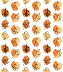 Vector seamless pattern of hand drawn doodle sketch autumn leaves and abstract dots isolated on white background