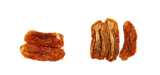 Dried red tomatoes isolated on white background