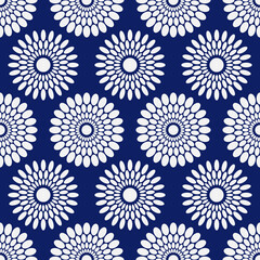 Seamless african fashion vector pattern with circles, round shapes. White shapes on blue background. Color illustration.