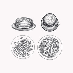 Crepes and coffee set. Breakfast engraved style menu graphics. . Vector illustration