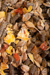 background of special muesli nutrition for  horses. feeding and horse care concept. macro. top view