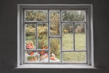 old white wooden window with drops of rain and autumn decor in garden