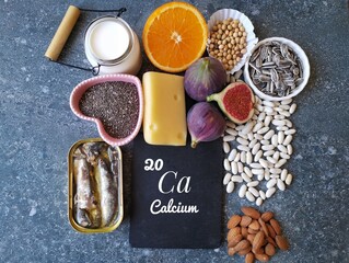 Fototapeta na wymiar Food rich in calcium with the symbol Ca and atomic number 20. Natural products containing calcium, minerals, dietary fibers, vitamins. Calcium high food. Healthy sources of calcium, healthy diet food.