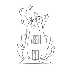 Sketch of a fantastic pumpkin house. Cartoon pumpkin gnome house. Vector. Coloring book for children