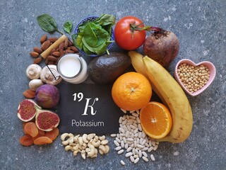 Food rich in potassium with the symbol K and atomic number 19. Natural products containing minerals, dietary fibers, vitamins. Potassium high food. Healthy sources of potassium, healthy diet food.