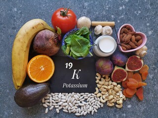 Food rich in potassium with the symbol K and atomic number 19. Natural products containing minerals, dietary fibers, vitamins. Potassium high food. Healthy sources of potassium, healthy diet food.